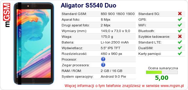 Dane telefonu Aligator S5540 Duo