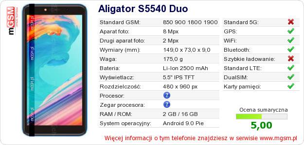 Dane telefonu Aligator S5540 Duo