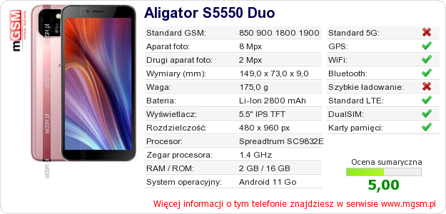 Dane telefonu Aligator S5550 Duo