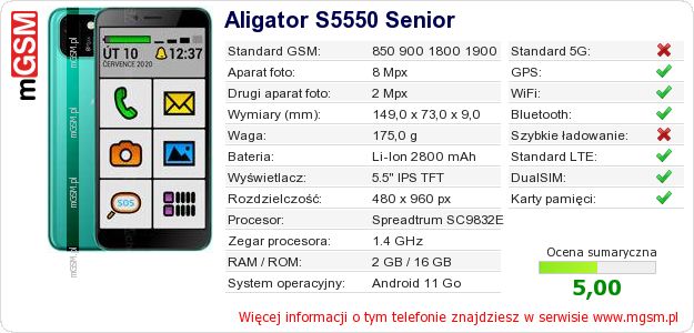 Dane telefonu Aligator S5550 Senior Dane telefonu Aligator S5550 Senior