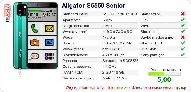 Dane telefonu Aligator S5550 Senior