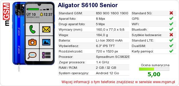 Dane telefonu Aligator S6100 Senior Dane telefonu Aligator S6100 Senior