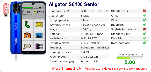 Dane telefonu Aligator S6100 Senior Dane telefonu Aligator S6100 Senior