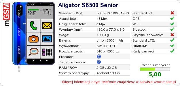 Dane telefonu Aligator S6500 Senior