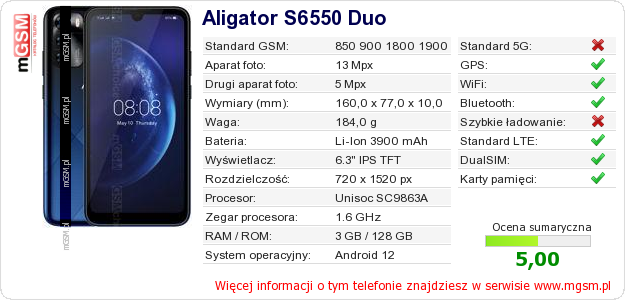 Dane telefonu Aligator S6550 Duo
