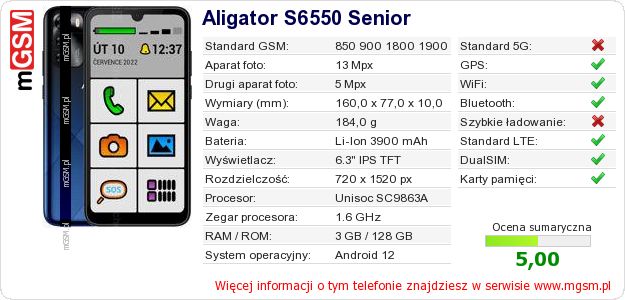Dane telefonu Aligator S6550 Senior Dane telefonu Aligator S6550 Senior