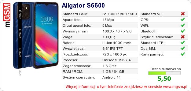 Dane telefonu Aligator S6600 Dane telefonu Aligator S6600