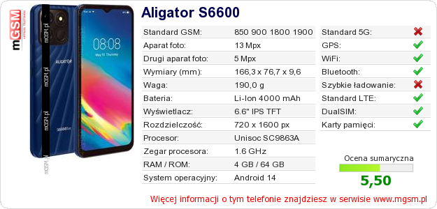 Dane telefonu Aligator S6600