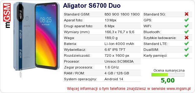 Dane telefonu Aligator S6700 Duo Dane telefonu Aligator S6700 Duo