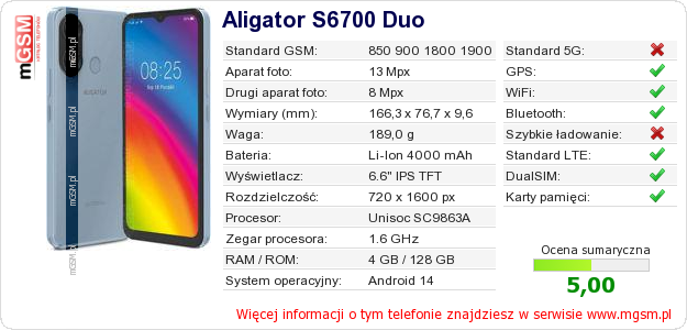 Dane telefonu Aligator S6700 Duo