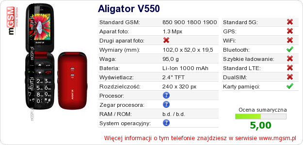 Dane telefonu Aligator V550