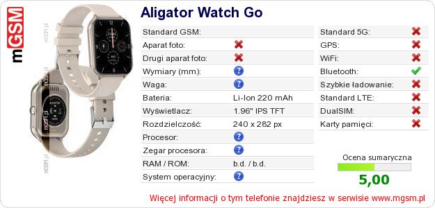 Dane telefonu Aligator Watch Go Dane telefonu Aligator Watch Go