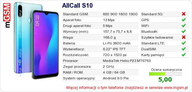 Dane telefonu AllCall S10 Dane telefonu AllCall S10
