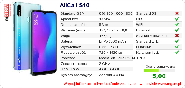 Dane telefonu AllCall S10