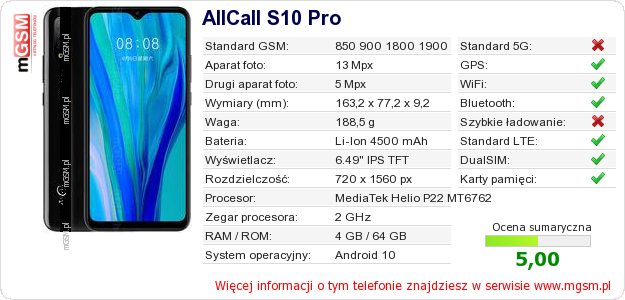 Dane telefonu AllCall S10 Pro