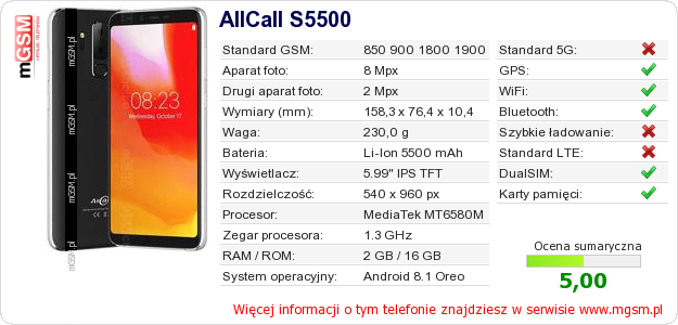Dane telefonu AllCall S5500 Dane telefonu AllCall S5500