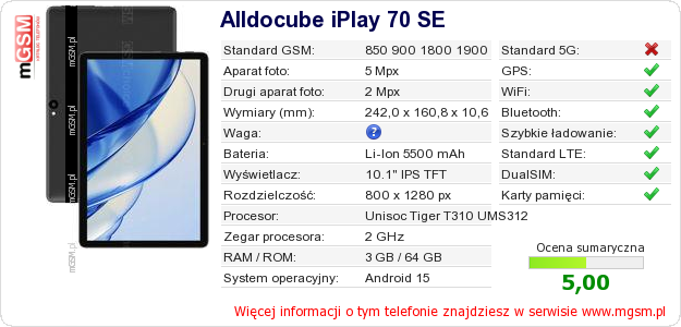 Dane telefonu Alldocube iPlay 70 SE Dane telefonu Alldocube iPlay 70 SE