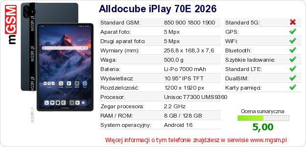 Dane telefonu Alldocube iPlay 70E 2026 Dane telefonu Alldocube iPlay 70E 2026