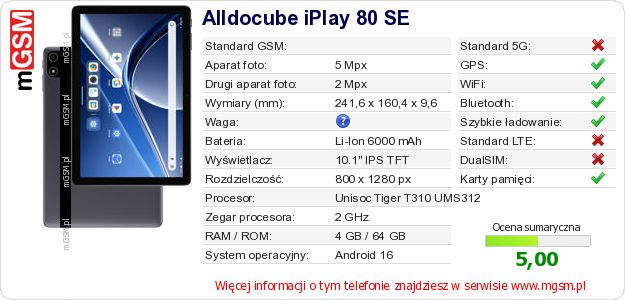 Dane telefonu Alldocube iPlay 80 SE Dane telefonu Alldocube iPlay 80 SE