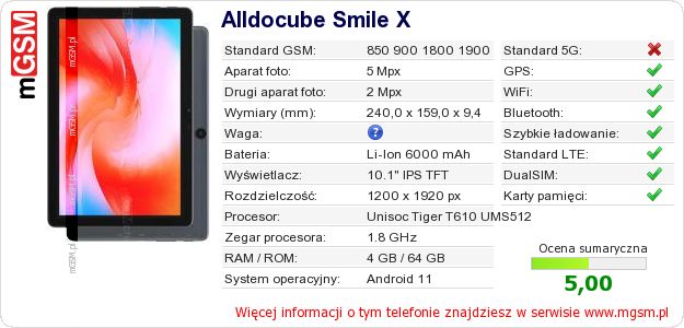 Dane telefonu Alldocube Smile X Dane telefonu Alldocube Smile X