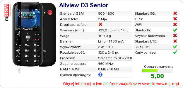 Dane telefonu Allview D3 Senior
