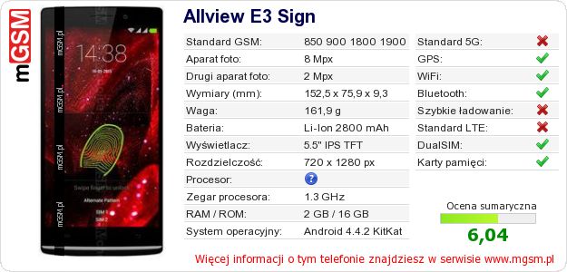Dane telefonu Allview E3 Sign Dane telefonu Allview E3 Sign