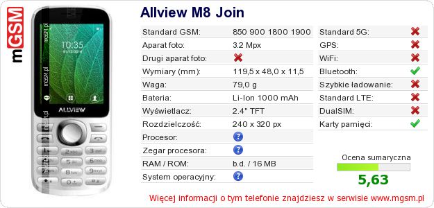 Dane telefonu Allview M8 Join Dane telefonu Allview M8 Join