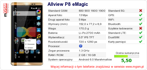 Dane telefonu Allview P8 eMagic