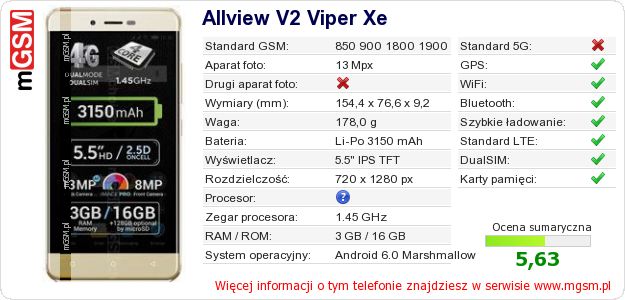 Dane telefonu Allview V2 Viper Xe Dane telefonu Allview V2 Viper Xe