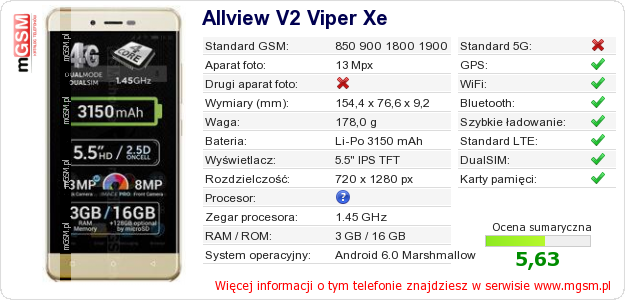 Dane telefonu Allview V2 Viper Xe