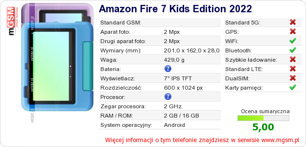 Dane telefonu Amazon Fire 7 Kids Edition 2022