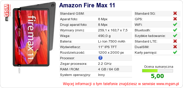Dane telefonu Amazon Fire Max 11