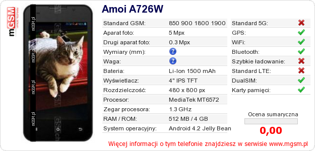 Dane telefonu Amoi A726W Dane telefonu Amoi A726W