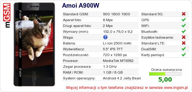 Dane telefonu Amoi A900W Dane telefonu Amoi A900W