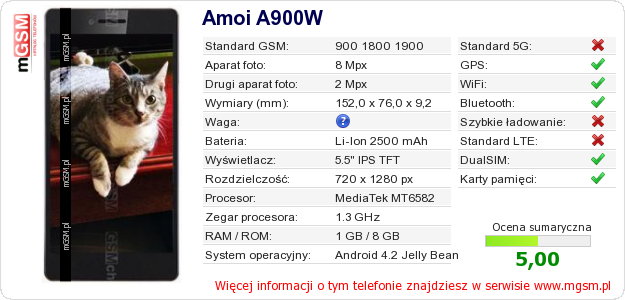 Dane telefonu Amoi A900W