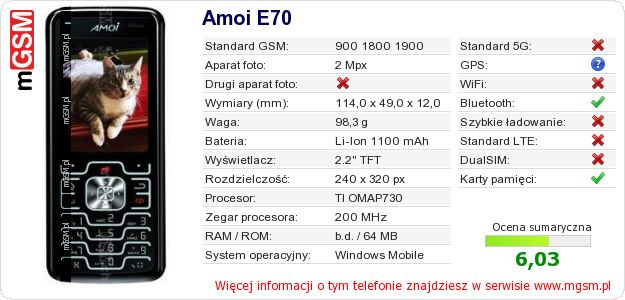 Dane telefonu Amoi E70