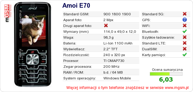 Dane telefonu Amoi E70
