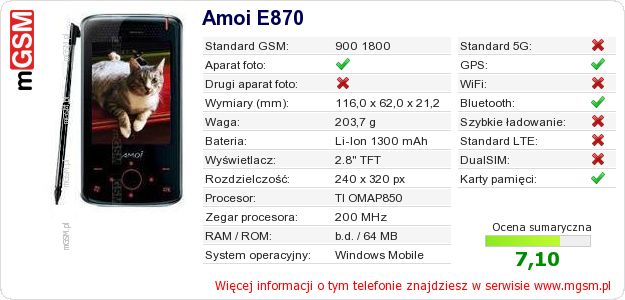 Dane telefonu Amoi E870