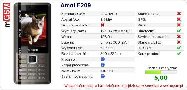 Dane telefonu Amoi F209 Dane telefonu Amoi F209