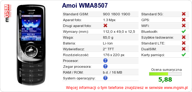 Dane telefonu Amoi WMA8507
