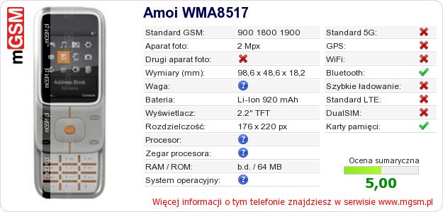 Dane telefonu Amoi WMA8517 Dane telefonu Amoi WMA8517
