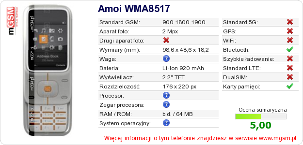 Dane telefonu Amoi WMA8517 Dane telefonu Amoi WMA8517