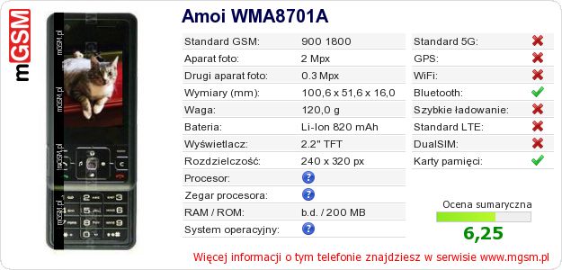 Dane telefonu Amoi WMA8701A