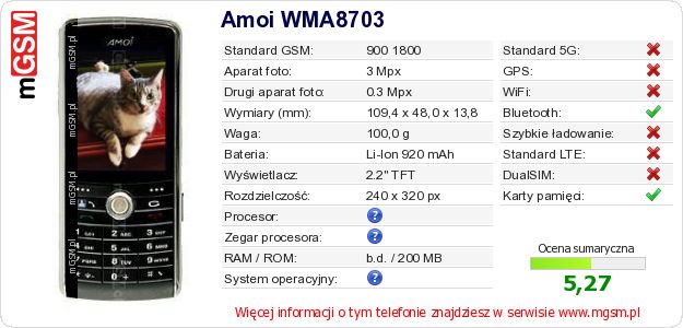 Dane telefonu Amoi WMA8703 Dane telefonu Amoi WMA8703