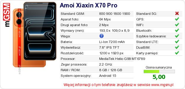 Dane telefonu Amoi Xiaxin X70 Pro Dane telefonu Amoi Xiaxin X70 Pro