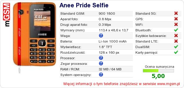 Dane telefonu Anee Pride Selfie