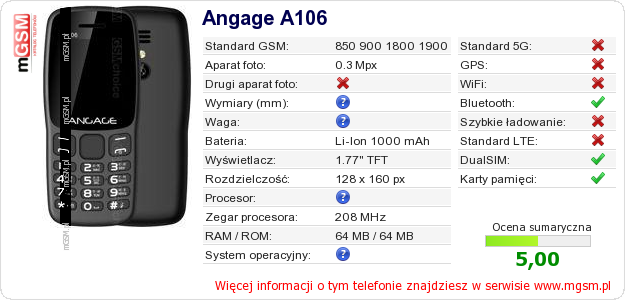 Dane telefonu Angage A106