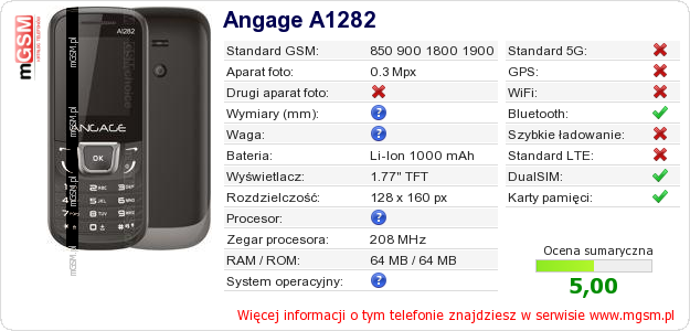 Dane telefonu Angage A1282