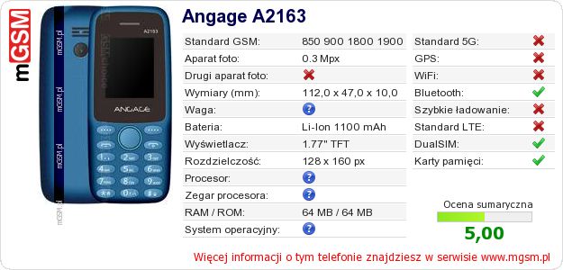 Dane telefonu Angage A2163