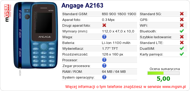 Dane telefonu Angage A2163